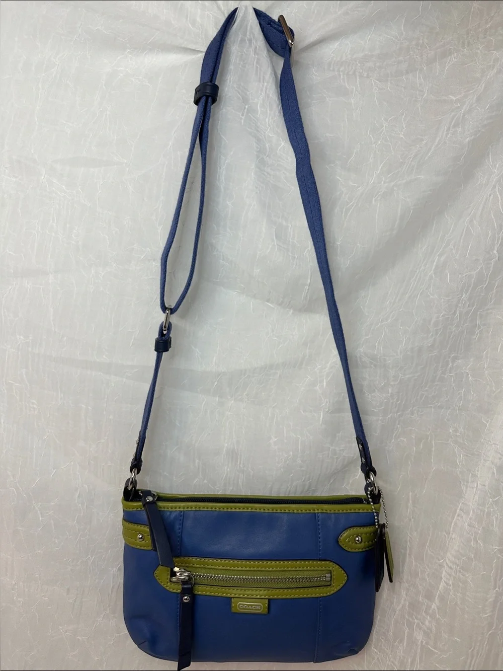 COACH Daisy Spectator Blue Leather Shoulder Bag with Olive Green Trim